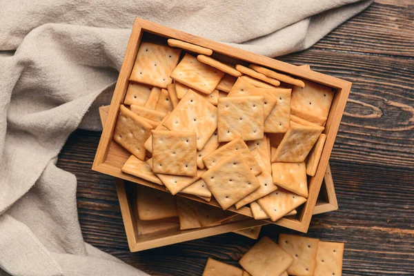 Box Crackers Wooden Background — Stock Photo, Image