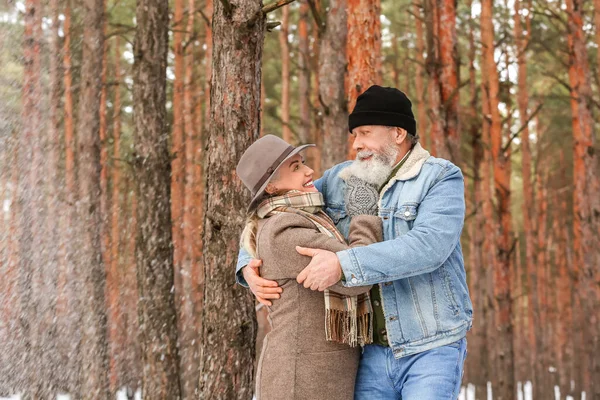 Feliz Pareja Madura Bosque Día Invierno —  Fotos de Stock