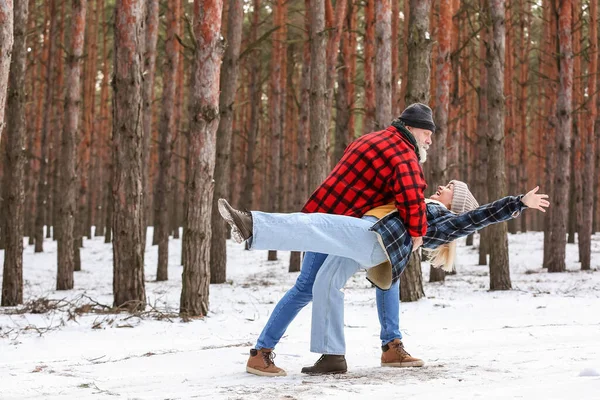 Feliz Pareja Madura Bailando Bosque Día Invierno —  Fotos de Stock