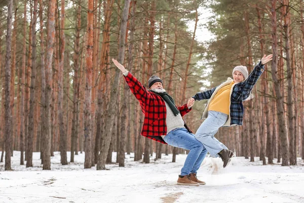 Feliz Pareja Madura Bailando Bosque Día Invierno —  Fotos de Stock