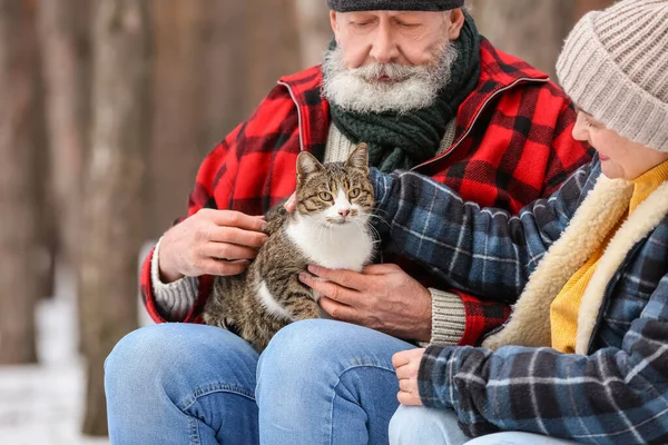 Happy mature couple with cat in forest on winter day