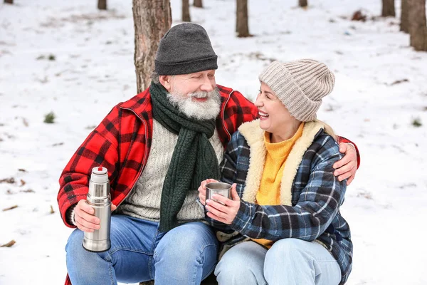 冬の日に森の中で熱いお茶を飲む幸せな成熟したカップル — ストック写真