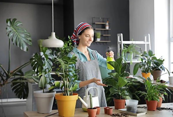 Young Woman Taking Care Her Plants Home — Stock Photo, Image