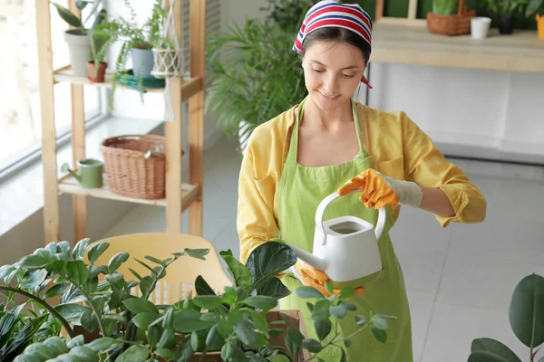 Junge Frau Pflegt Ihre Pflanzen Hause — Stockfoto