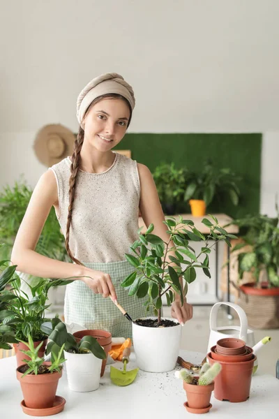 Young Woman Taking Care Her Plants Home — Stock Photo, Image