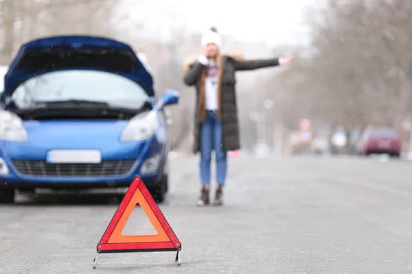 Emergency Stop Sign Stressed Young Woman Broken Car Outdoors — Stock Photo, Image