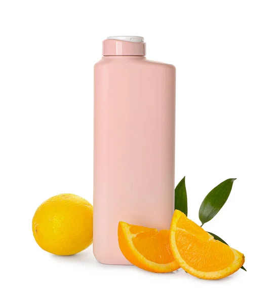 Bottle Shower Gel Orange Fruits White Background — Stock Photo, Image