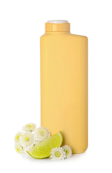 Bottle Shower Gel Slice Lime Flowers White Background — Stock Photo, Image