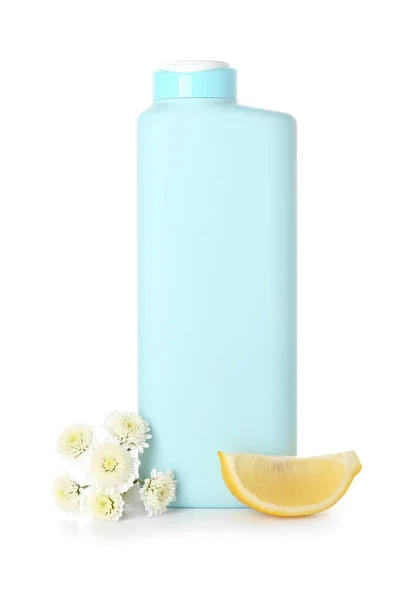 Bottle Shower Gel Slice Lemon Flowers White Background — Stock Photo, Image