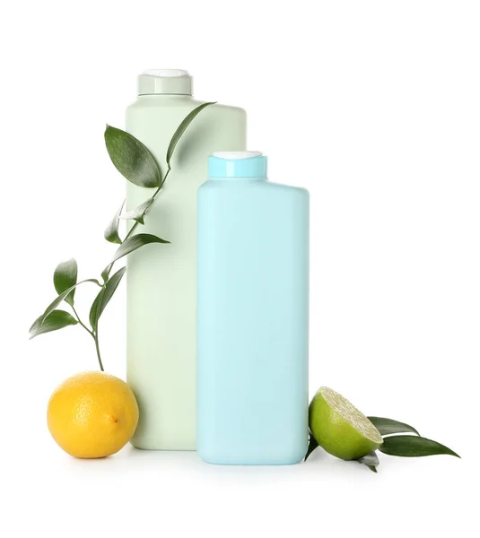 Bottles Shower Gel Fruits White Background — Stock Photo, Image