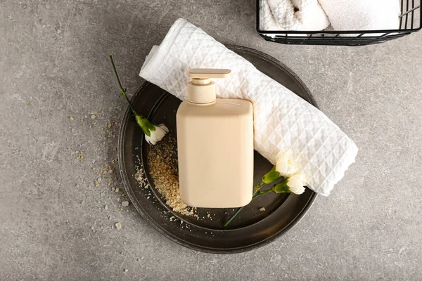 Bottle Shower Gel Towel Sea Salt Grey Background — Stock Photo, Image