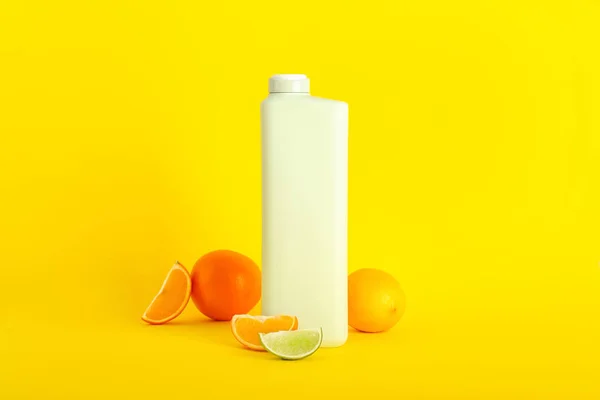 Shower Gel Citrus Fruits Color Background — Stock Photo, Image