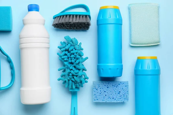 Set Cleaning Supplies Color Background — Stock Photo, Image