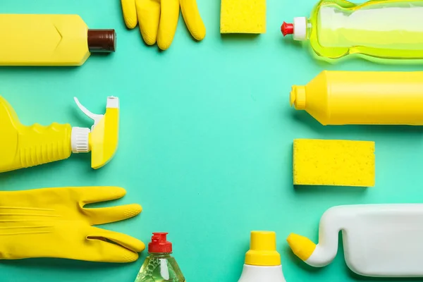 Frame Made Cleaning Supplies Color Background — Stock Photo, Image