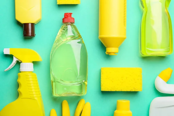 Set Cleaning Supplies Color Background — Stock Photo, Image