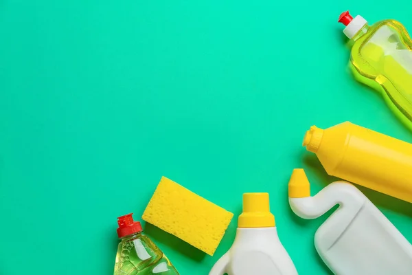 Set Cleaning Supplies Color Background — Stock Photo, Image