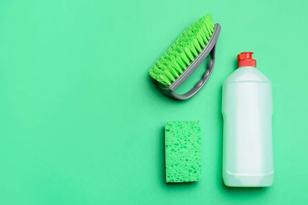 Set Cleaning Supplies Color Background — Stock Photo, Image