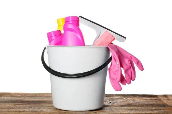 Set Cleaning Supplies Wooden Table White Background — Stock Photo, Image