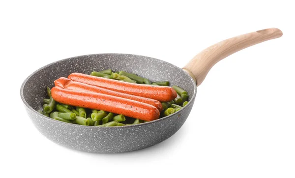Frying Pan Tasty Sausages Green Beans White Background — Stock Photo, Image