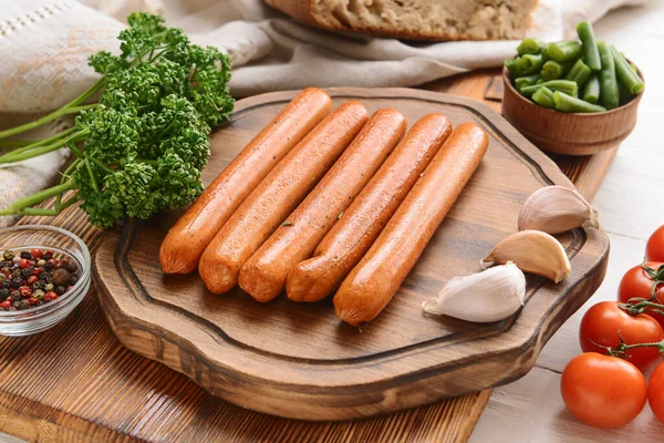 Board Tasty Sausages Vegetables Spices Table Closeup — Stock Photo, Image