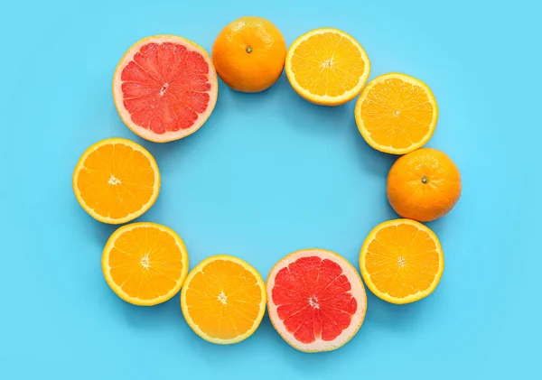 Frame Made Fresh Citrus Fruits Color Background — Stock Photo, Image