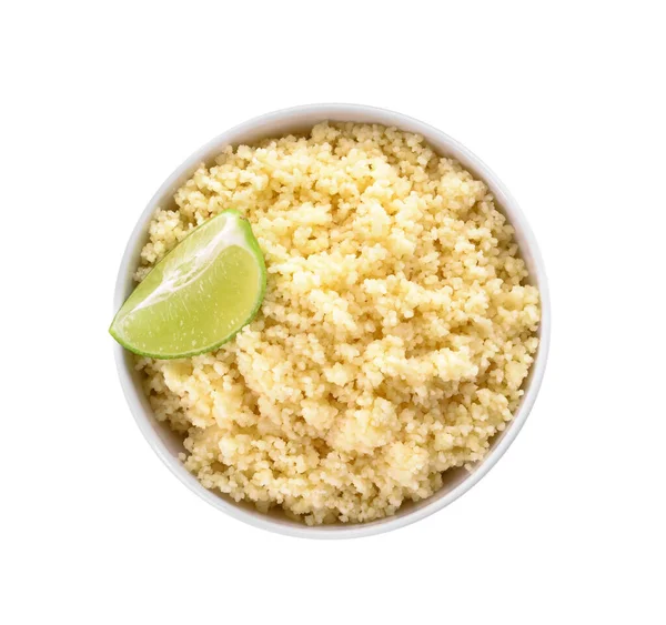 Bowl Tasty Couscous Lime White Background — Stock Photo, Image