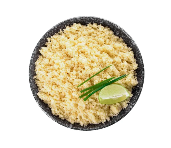 Bowl Tasty Couscous Green Onion Lime White Background — Stock Photo, Image