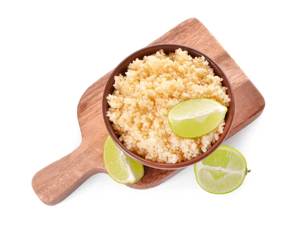 Bowl Tasty Couscous Lime White Background — Stock Photo, Image