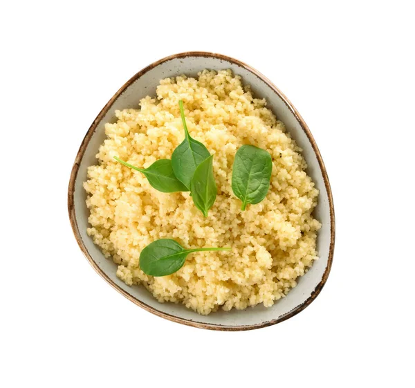 Bowl Tasty Couscous Spinach White Background — Stock Photo, Image