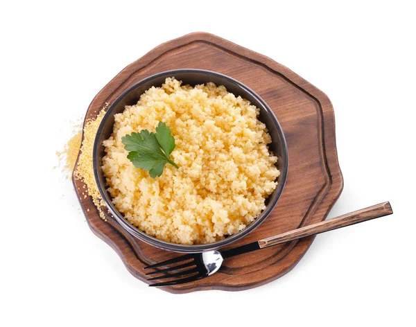 Bowl Tasty Couscous White Background — Stock Photo, Image