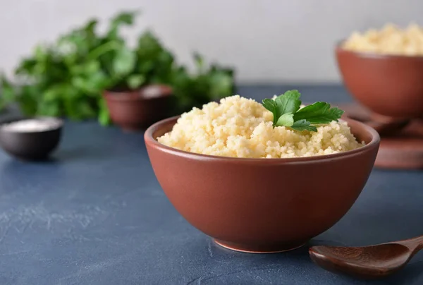 Bowl Tasty Couscous Parsley Dark Background — Stock Photo, Image