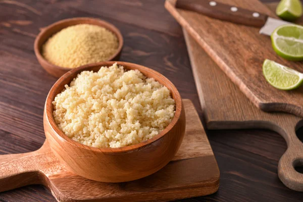 Bowl Tasty Couscous Wooden Background — Stock Photo, Image