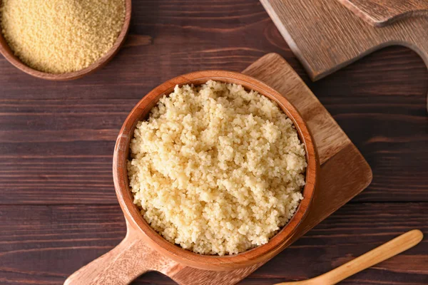 Bowl Tasty Couscous Wooden Background — Stock Photo, Image