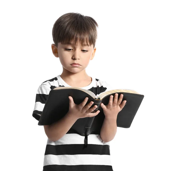 Petit Garçon Avec Bible Sur Fond Blanc — Photo