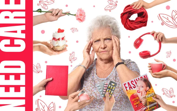 Many Hands Offering Different Things Stressed Senior Woman Care Support — Stock Photo, Image