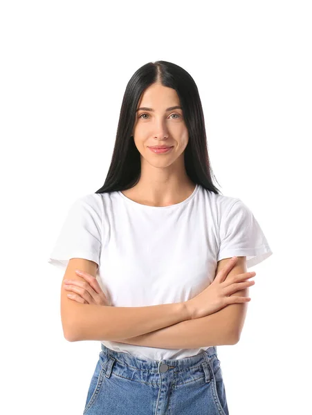 Mooie Jonge Vrouw Witte Achtergrond — Stockfoto
