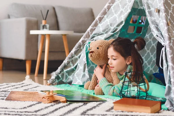 Cute Little Girl Reading Book Home — Stock Photo, Image