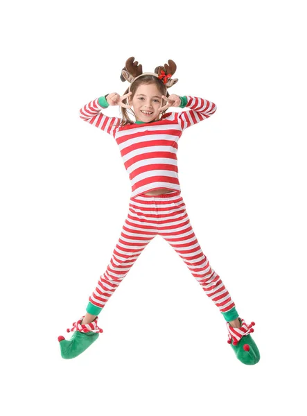 Jumping Little Girl Christmas Elf Costume White Background — Stock Photo, Image