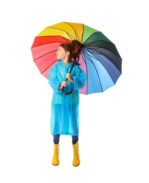 Jumping Little Girl Umbrella White Background — Stock Photo, Image