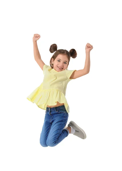 Прыжки Маленькая Девочка Белом Фоне — стоковое фото