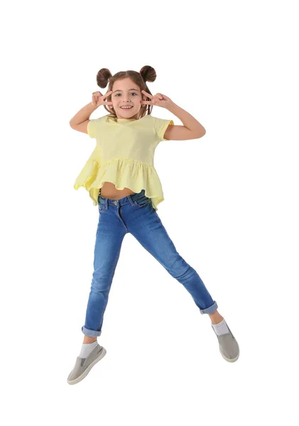 Jumping Little Girl White Background — Stock Photo, Image