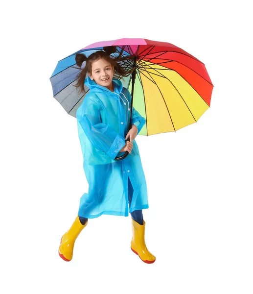 Springendes Kleines Mädchen Mit Regenschirm Auf Weißem Hintergrund — Stockfoto