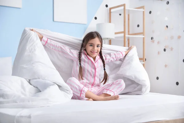 Morning Cute Little Girl Bed — Stock Photo, Image