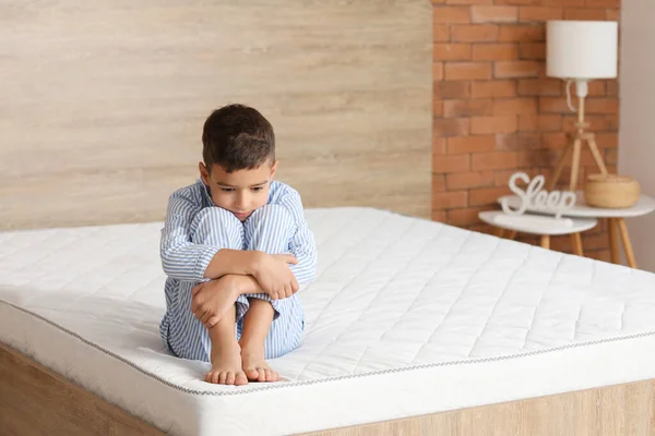 Morning Sad Little Boy Sitting Bed — Stock Photo, Image