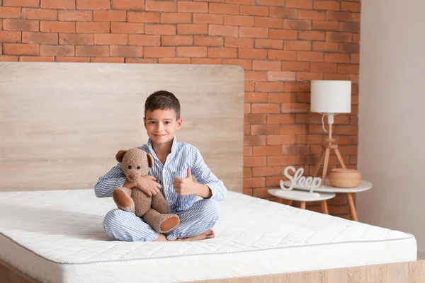 Morning Little Boy Sitting Bed Comfortable Mattress — Stock Photo, Image