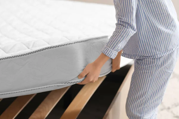 Little Boy Putting Soft Orthopedic Mattress Bed — Stock Photo, Image