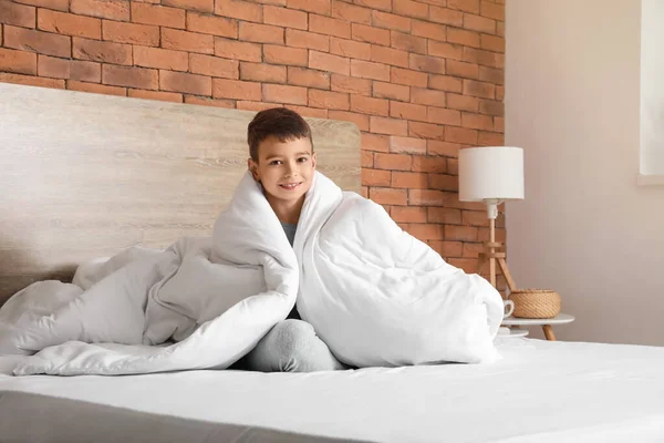 Morning Cute Little Boy Bed — Stock Photo, Image