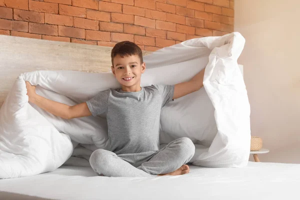 Morning Cute Little Boy Bed — Stock Photo, Image