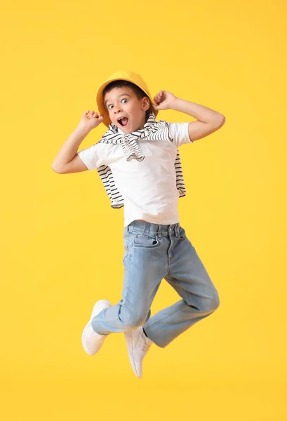 Jumping Little Boy Color Background — Stock Photo, Image