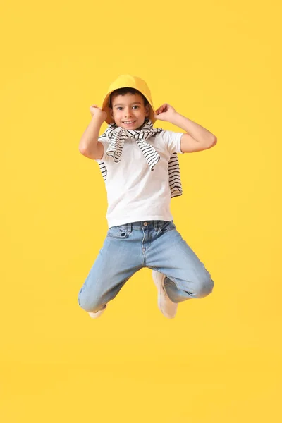 Jumping Little Boy Color Background — Stock Photo, Image